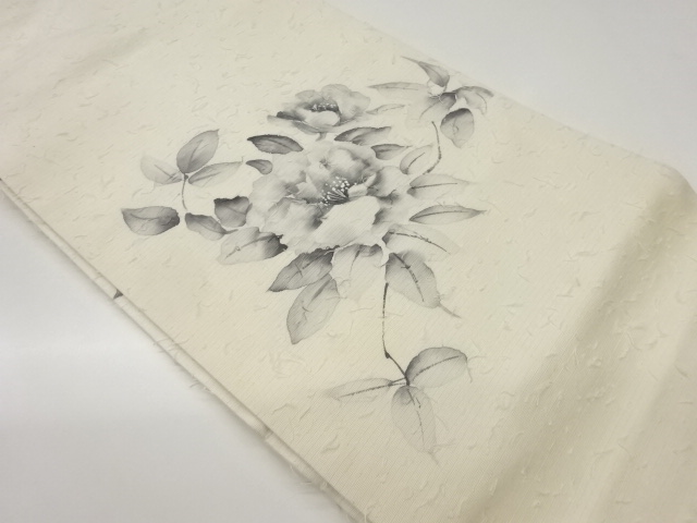 作家物　ひげ紬手描き牡丹模様名古屋帯